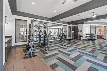 A gym with a variety of equipment including a squat rack, bench press, and a mirror.